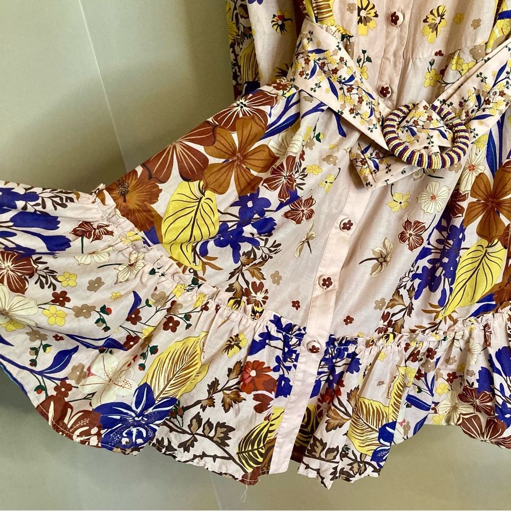 NEW FARM Rio Beauty Bouquet Pink Puff Sleeve Mini Dress Floral Button Size L - Picture 10 of 16